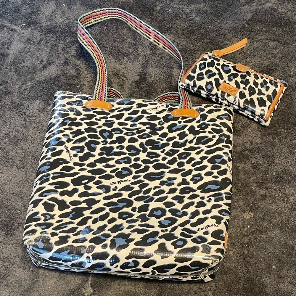 Consuela Black and White Leopard Tote with Pouch